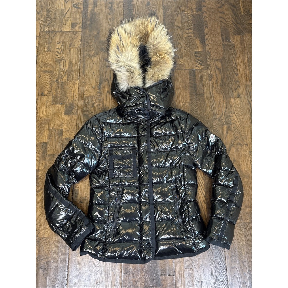 Moncler BADYFUR Women’s Black Laqué Down Puffer Jacket Size 3 Raccoon Fur EUC